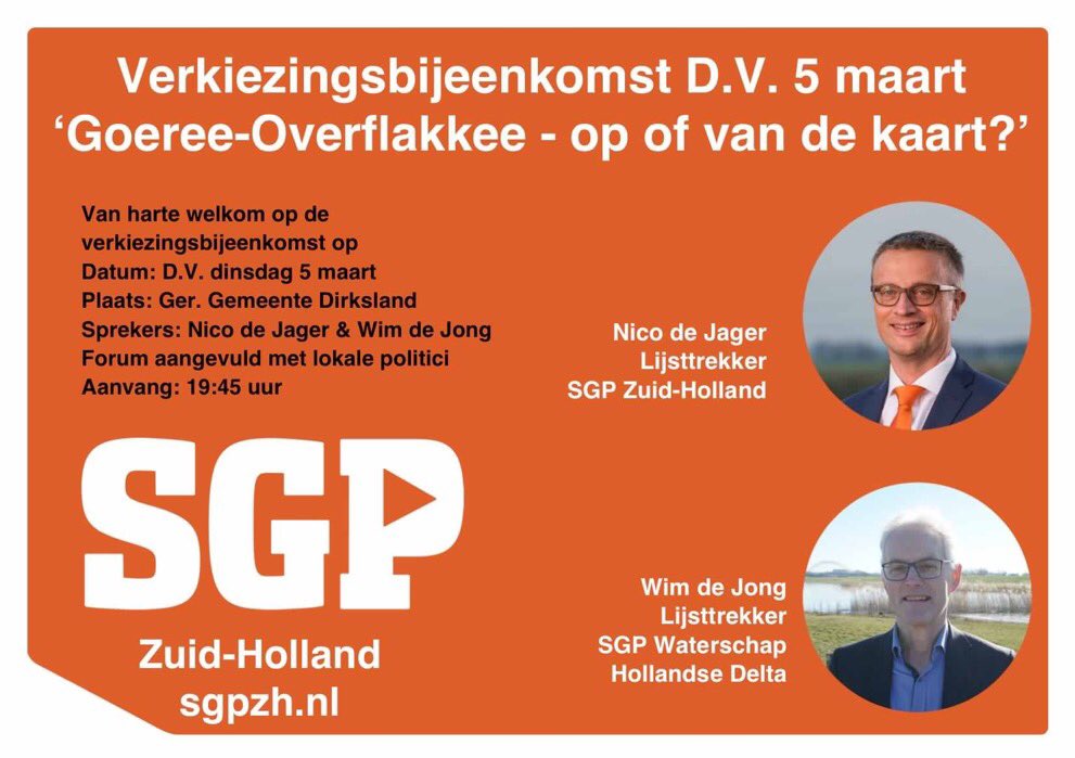 Op 5 maart zijn we op Goeree-Overflakkee met in de middag een leuk werkbezoek in in de avond een verkiezingsbijeenkomst.
Van harte welkom!