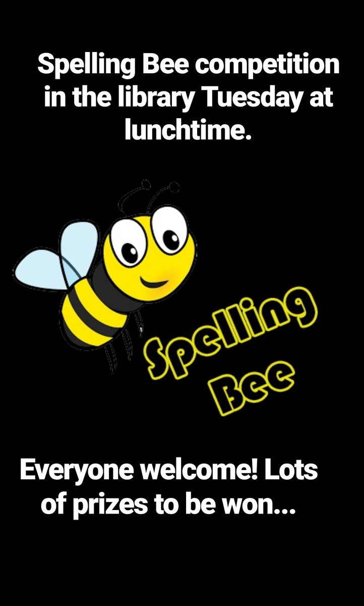 HETSSScience's tweet photo. Can you spell supercalifragilisticexpialidocious?

There will be a Spelling Bee competition in the library at lunchtime tomorrow as part of Reading Week. Everyone is welcome to come along and get involved. There are lots prizes to be won. https://t.co/h6fAYTWBqd