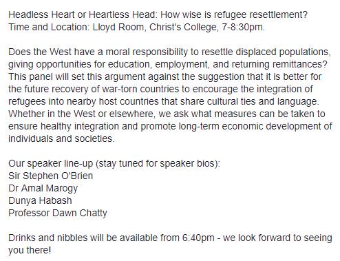 'What measures can be taken to ensure healthy integration and promote long-term economic development of individuals and societies...' 

Researcher and Outreach Officer @diduhabash will be speaking tomorrow on 'Headless Heart or Heartless Head: How wise is refugee resettlement?'