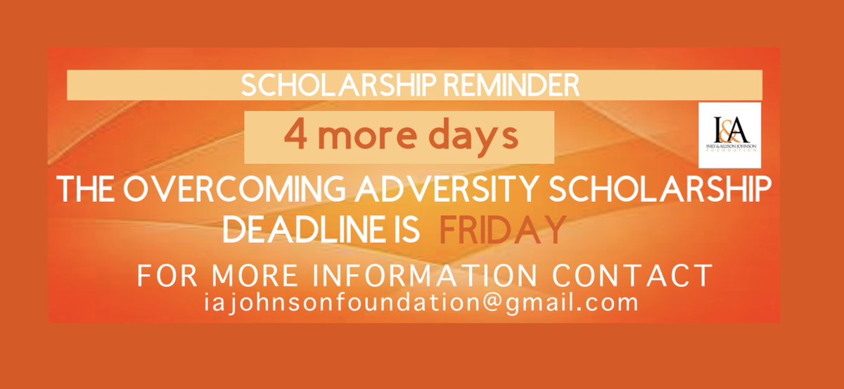iajfoundation's tweet photo. The deadline to apply for The Overcoming Adversity Scholarship is FRIDAY! 
•
•
•
Email iajohnsonfoundation for more information.   @iajfoundation  #education #educated #senior2019  #2019senior #senioryear🎓 #scholarships  #scholarship  #scholar #scholars https://t.co/tyL8nek2Du