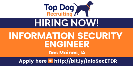 topdogrecruit's tweet photo. #Hiring INFORMATION SECURITY ENGINEER - IA #jobs #jobsearch #jobseeker #jobshiring #ITjobs #InformationSecurity #Metasploit #Nmap #Wireshark #Nessus #Burpsuite #MCSE #MCSA #GCUX #GCWN #CCIE #CCNP #Windows #Unix #Cisco #CISSP #CISM #DesMoines #IA
Apply here https://t.co/8HrShxikk0 https://t.co/tPLVKjqUJa