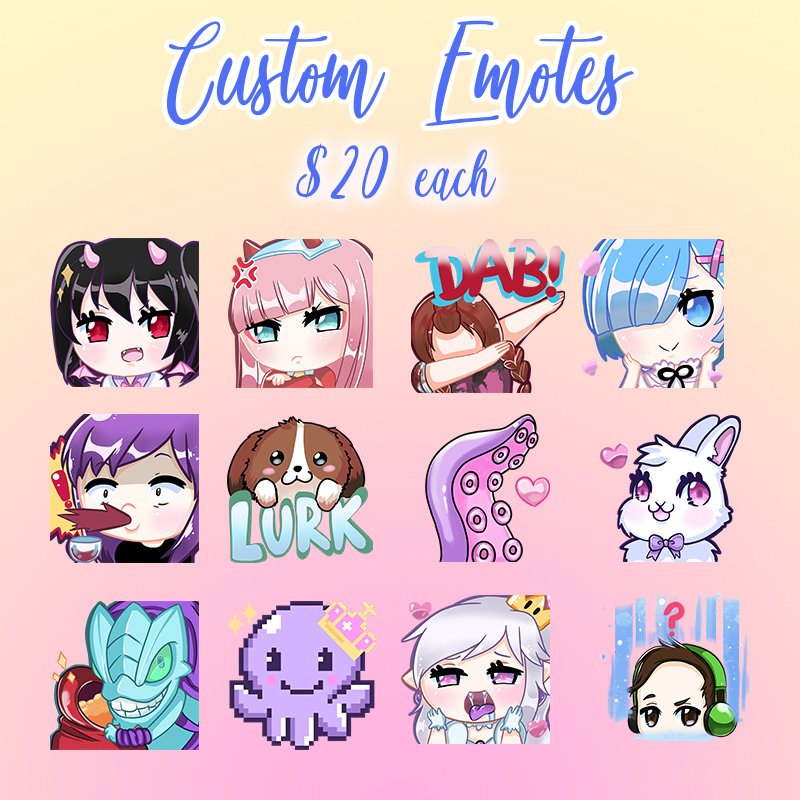 Custom Emotes commissions OPEN! $20 each, includes all 3 sizes for Twitch and original artwork size :D Send a PM for more info.
#twitch #twitchcommissions #twitchartist #twitchemotes #twitchstreamer #commissionsopen