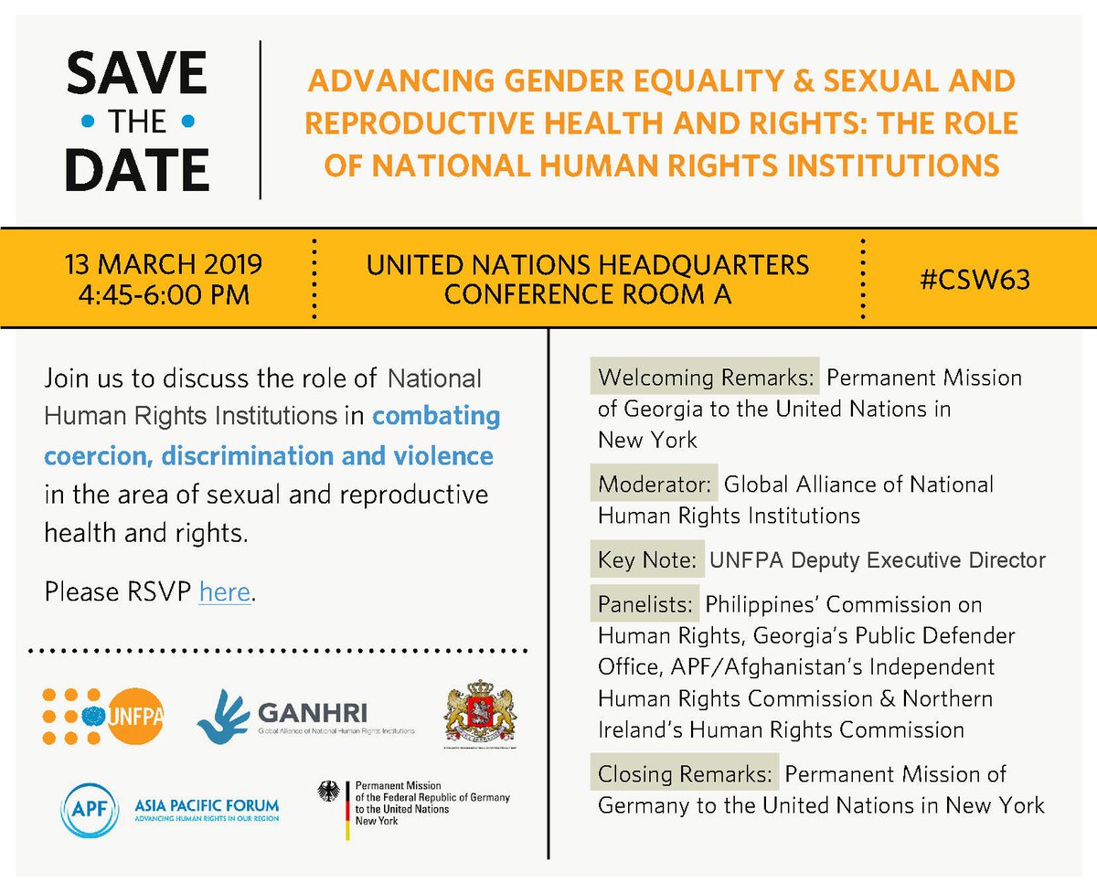 EmilieFWilson's tweet photo. Please join us at #CSW63 to discuss unique role of National Human Rights Institutions in advancing action and accountability on Gender Equality and Sexual and Reproductive Health and Rights, 13 March, 16:45-18:00, Conference Room A; @UNFPA @Ganhri1 @GeorgiaUN @GermanyUN https://t.co/M6Eq9k1VqQ