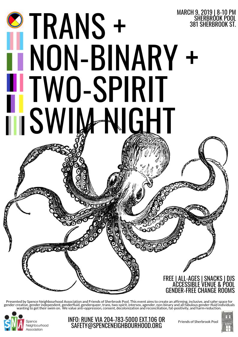 SNAcommunity's tweet image. As part of EveryBODY in the Pool, SNA and Friends of Sherbrook Pool are hosting a Trans + Non-Binary + Two-Spirit Swim Night on March 9, 8-10PM at Sherbrook Pool. Got questions? We've answered some FAQs here: spenceneighbourhood.org/cc