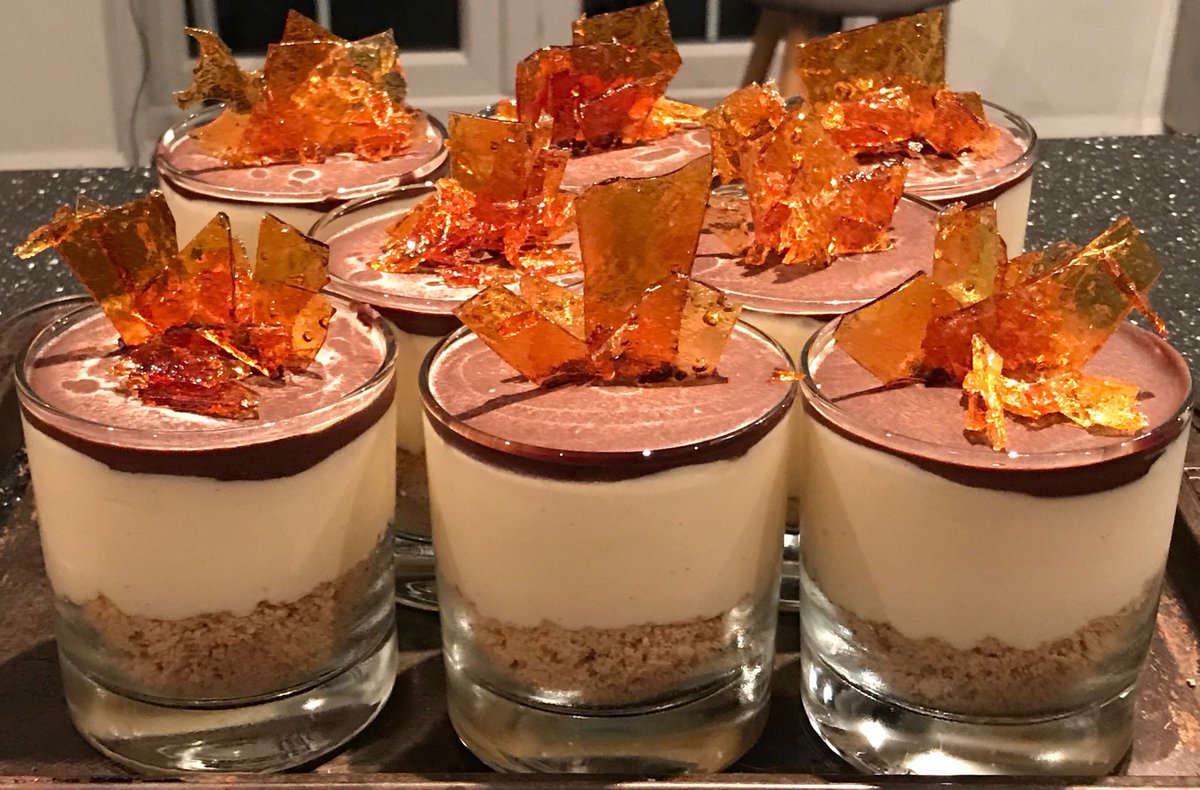 Millionaire’s Shortbread Dessert. Caramel mousse with almond crumble, topped with dark chocolate ganache &amp; caramel shards. howtofeast.com/merseyside-che…