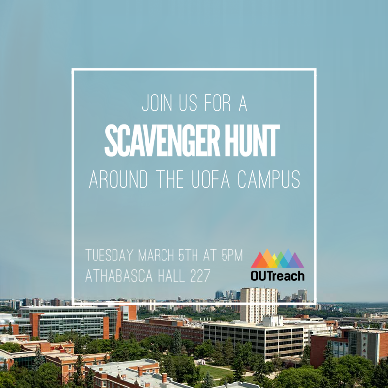 uofaOUTreach's tweet photo. Join us this Tuesday for a scavenger hunt around campus! Find your first clue in Athabasca Hall 227 at 5pm. Everyone is welcome! https://t.co/V1DADTquMT