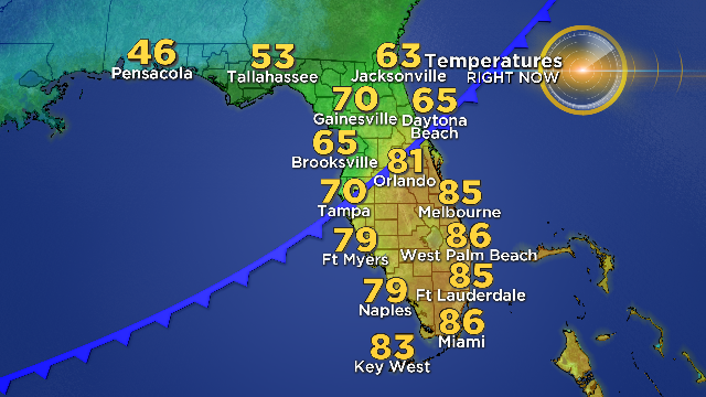 JenniferWXwoman's tweet photo. 80s from Orlando to FL Keys. 60s, 50s, 40s north of Orlando to Panhandle. Current temp difference between #Miami and #Pensacola is 40 degrees. Now that's a cold front! #temperaturegradient #coldairadvection #flwx #CBS4 @CBSMiami https://t.co/6RhEnmq794