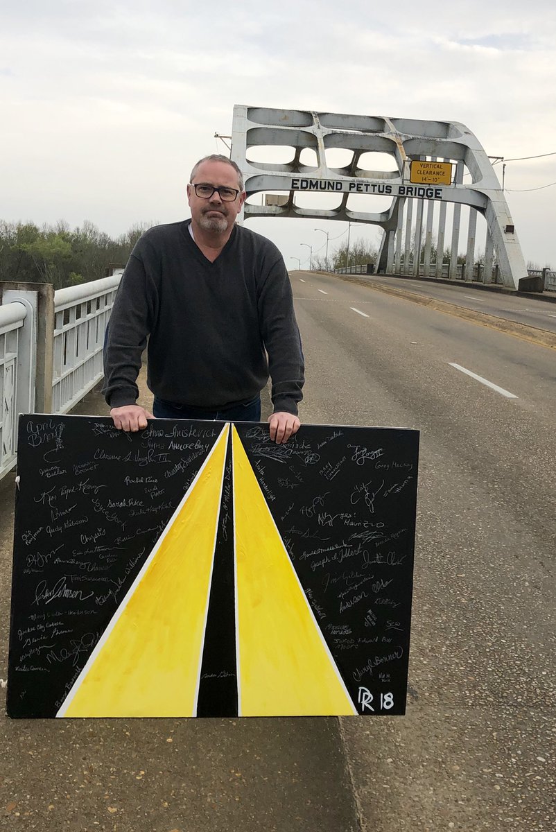 Dean_Rice's tweet photo. It was sobering 2 bring my painting #NotTurningAround 2 the #PettusBridge that inspired the concept &amp; even more 2  have so many people n #Selma ask 2 sign it - Every American is better when every American is @ the table.  #Alabama #CivilRights @repjohnlewis @RepTerriSewell https://t.co/CawuAcC9gV
