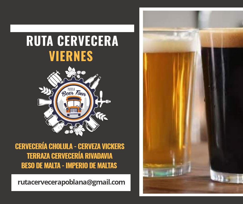Aparta tu lugar 🙋🏻‍♀️🙋‍♂️🎟️🚐🍺
¡El tour inicia el VIERNES a las a las 8:20 pm (con 10 min. de tolerancia) y su duración aproximada es de cuatro horas y media! 

Visitaremos:

@Cervecería Cholula
Cerveza Vickers
Terraza de Cervecería Rivadavia
<a href="/BesoDeMalta/">Beso de Malta</a> 
Imperio De Maltas