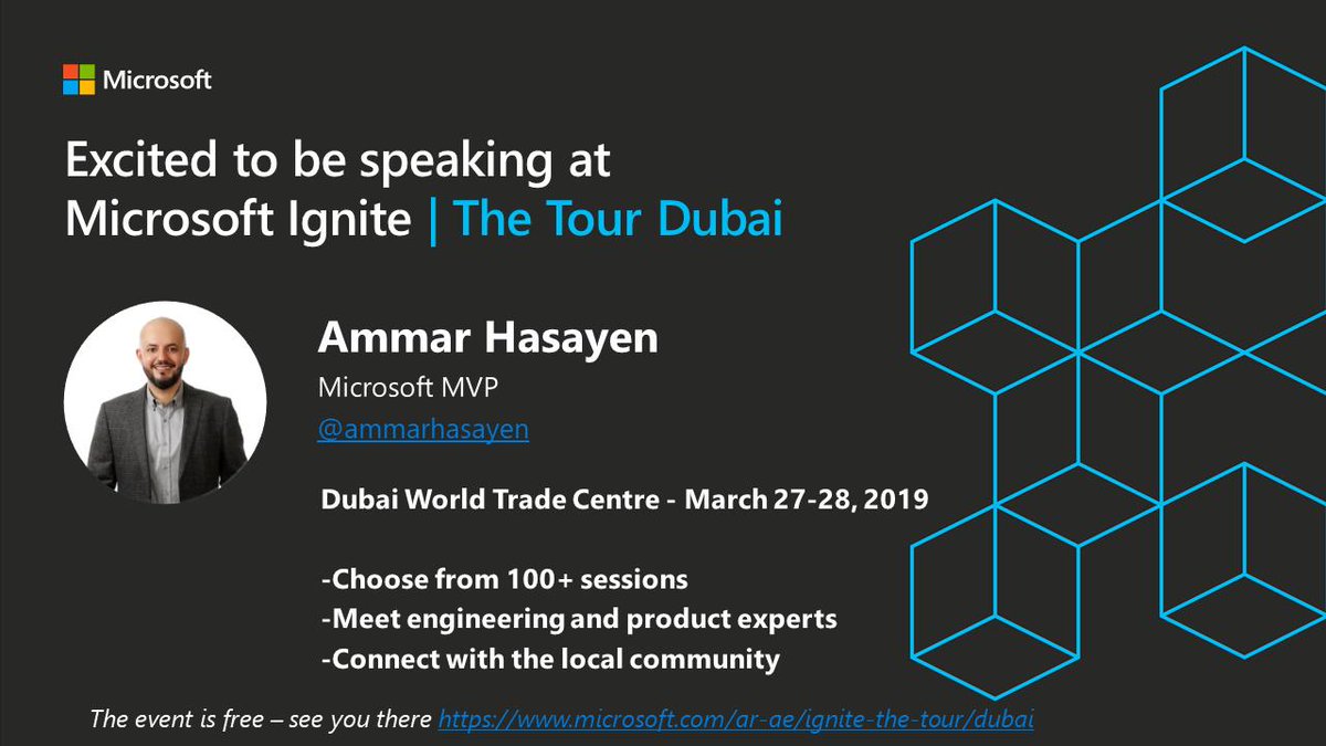 ammarhasayen's tweet photo. I’m speaking at –#MSIgniteTheTour in #Dubai ! Join me at this free event on 27th and 28th March 2019.
It's free - Register Now https://t.co/knEZg7g4zr
#MSIgnite #MVPBuzz #Community #Microsoft365 #Office365 #Yammer #WindowsATP #Azure #AzureATP #Cybersecurity https://t.co/WltFt9Mdow