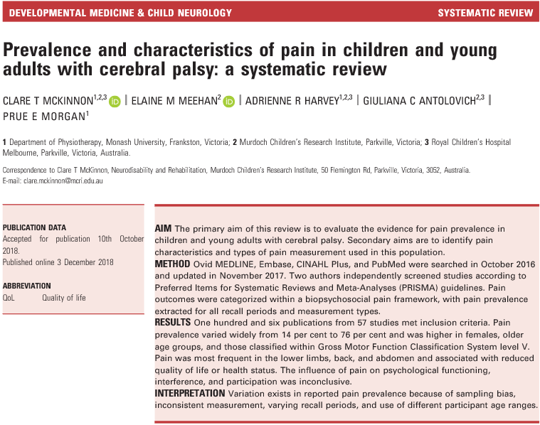 Academy_Oceania's tweet photo. An interesting #DMCNpodcast from our @AusACPDM members on their #SystematicReview on the Prevalence and Characteristics of #Pain in #CerebralPalsy. Access here https://t.co/cWOpfZCkVm https://t.co/9l6X3PT3Lw