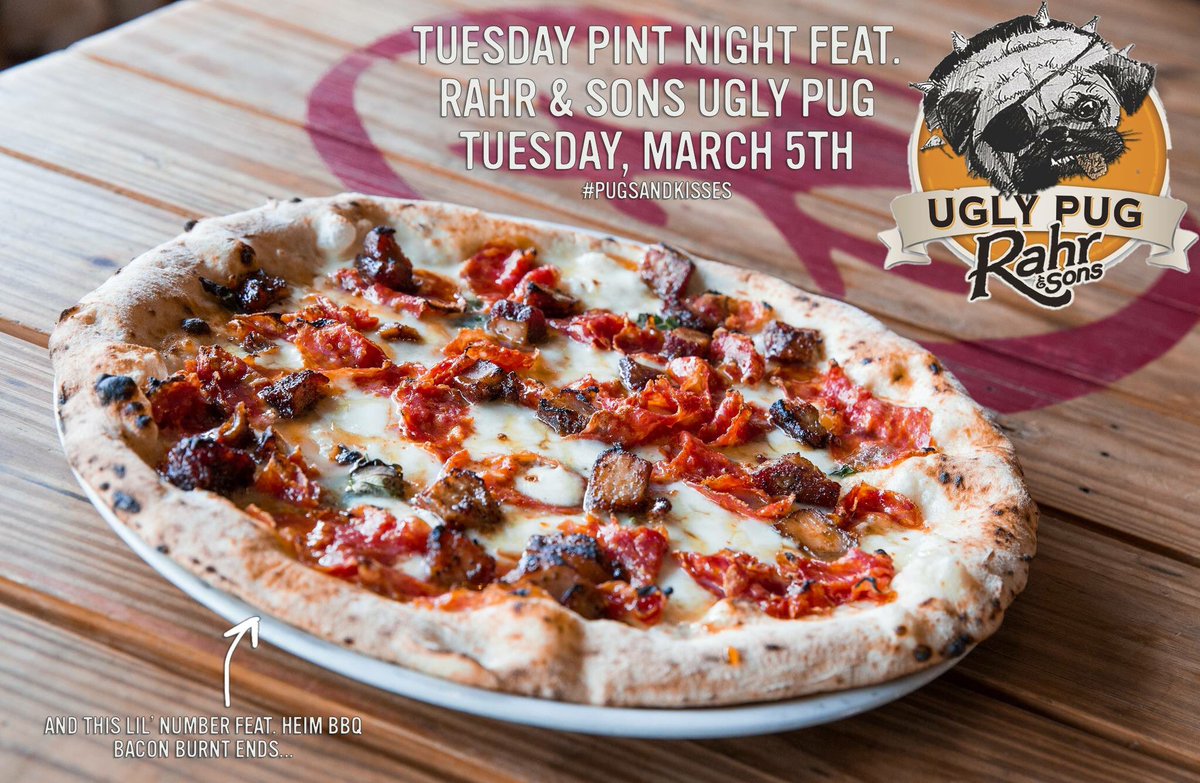 Tuesday Pint Night tomorrow with <a href="/RahrBrewing/">Rahr & Sons Brewing</a> Ugly Pug and perhaps some <a href="/HeimBBQ/">Heim Barbecue</a> bacon burnt ends on a freakin’ pizza. Deets: 
facebook.com/events/8028764…