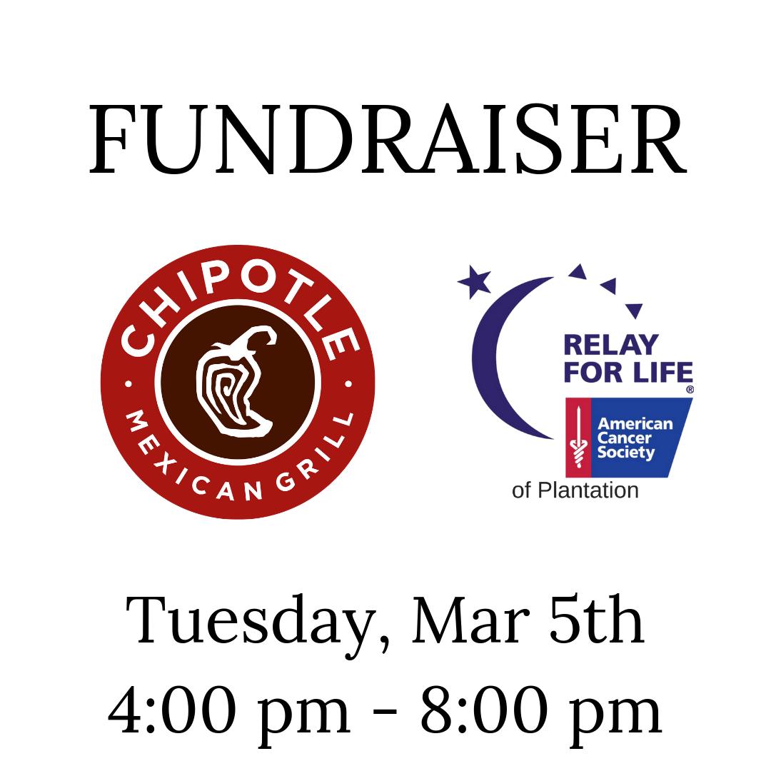 PlantationRelay's tweet photo. TOMORROW!!! From 4-8pm #Chipotle Mexican Grill on Sunrise and University will be hosting a #relayfundraiser for #teamPlantationHighSchoolNAHS and 33% will be going back to the #plantationrelay #morefundsmorefight #takethatcancer #dogoodwithburritos @NAHSPHS #chipotlemexicangrill https://t.co/j8ZgvGIU25