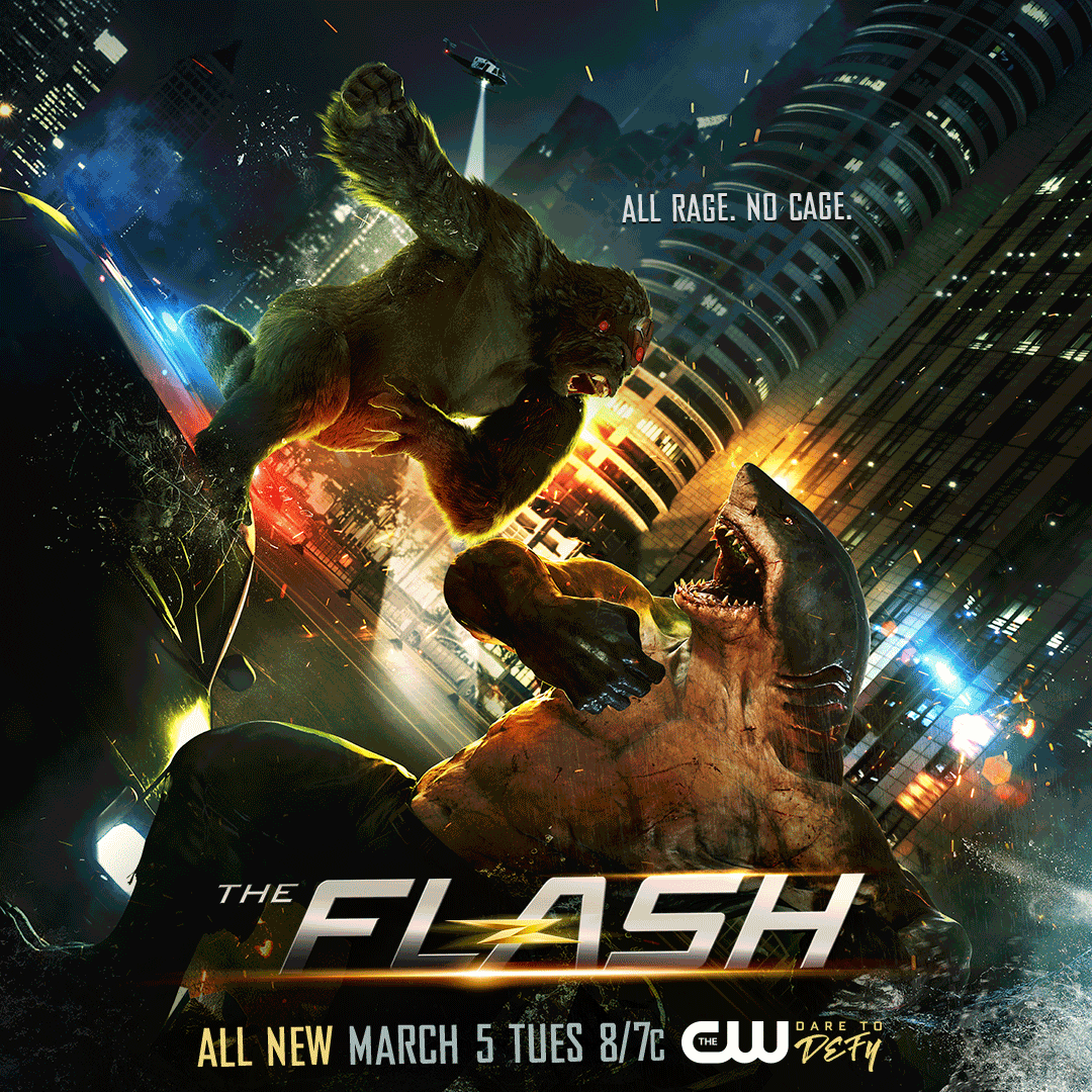 DCOfficial's tweet photo. All rage. No cage. Gorilla Grodd and King Shark go head-to-head on tonight's BRAND-NEW episode of @CW_TheFlash — 8/7c on @TheCW. #DCTV https://t.co/4Rz9rRcegt