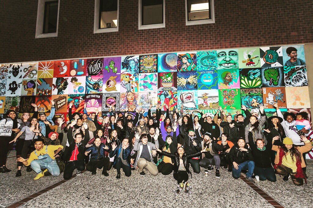 The_ExD's tweet photo. Introducing the #Inaugural #100BlockSJ #Family! The 100 #artist lead #mural is complete, check it out at 300 S. 1st St, San Jose, CA. Thank you @knightfdn @SV_Creates @KellyMoorePaint #StagerConstruction #UrbanCommunity @SJ_Downtown https://t.co/3nJtxoNLGu
