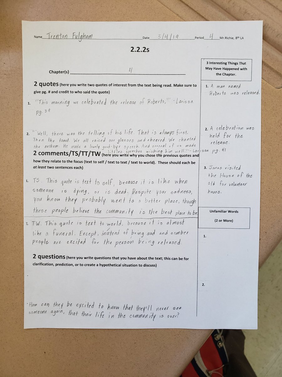MrsDaMeka's tweet photo. @LiteracyRcps Using textual Evidence to CONNECT with the text.....The Giver
#222Activity
#RCPSWRITES https://t.co/JVcFEK81iK