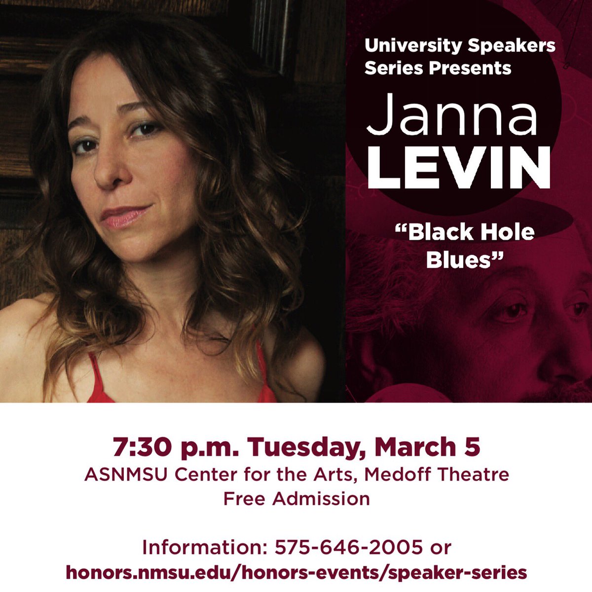 NMSU Honors College (@honorsnmsu) on Twitter photo Don’t forget our Annual Speaker series is tomorrow with <a href="/JannaLevin/">Janna Levin</a> ! #nmsuhonors #blackholeblues Don’t forget our Annual Speaker series is tomorrow with <a href="/JannaLevin/">Janna Levin</a> ! #nmsuhonors #blackholeblues