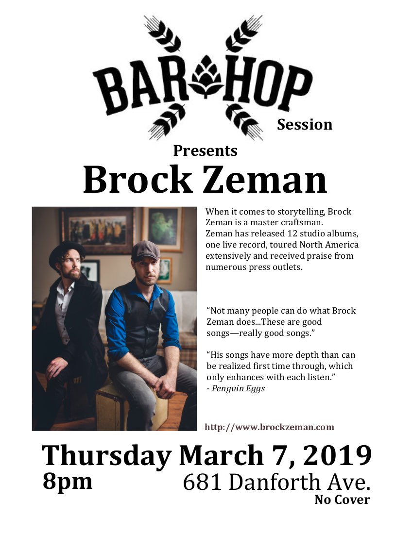 They’re back again!! Thursday 8pm  very excited to have <a href="/brockzeman/">Brock Zeman</a>  &amp; <a href="/blairhoganmusic/">B.M.H</a> grace our stage at #barhopsession #681danforth  no cover...

🎼
-

#craftbeer #livemusictoronto #singersongwriter #LiveMusic #torontomusic #eastend #danforth <a href="/barhopbar/">Bar Hop</a> #Music #Toronto