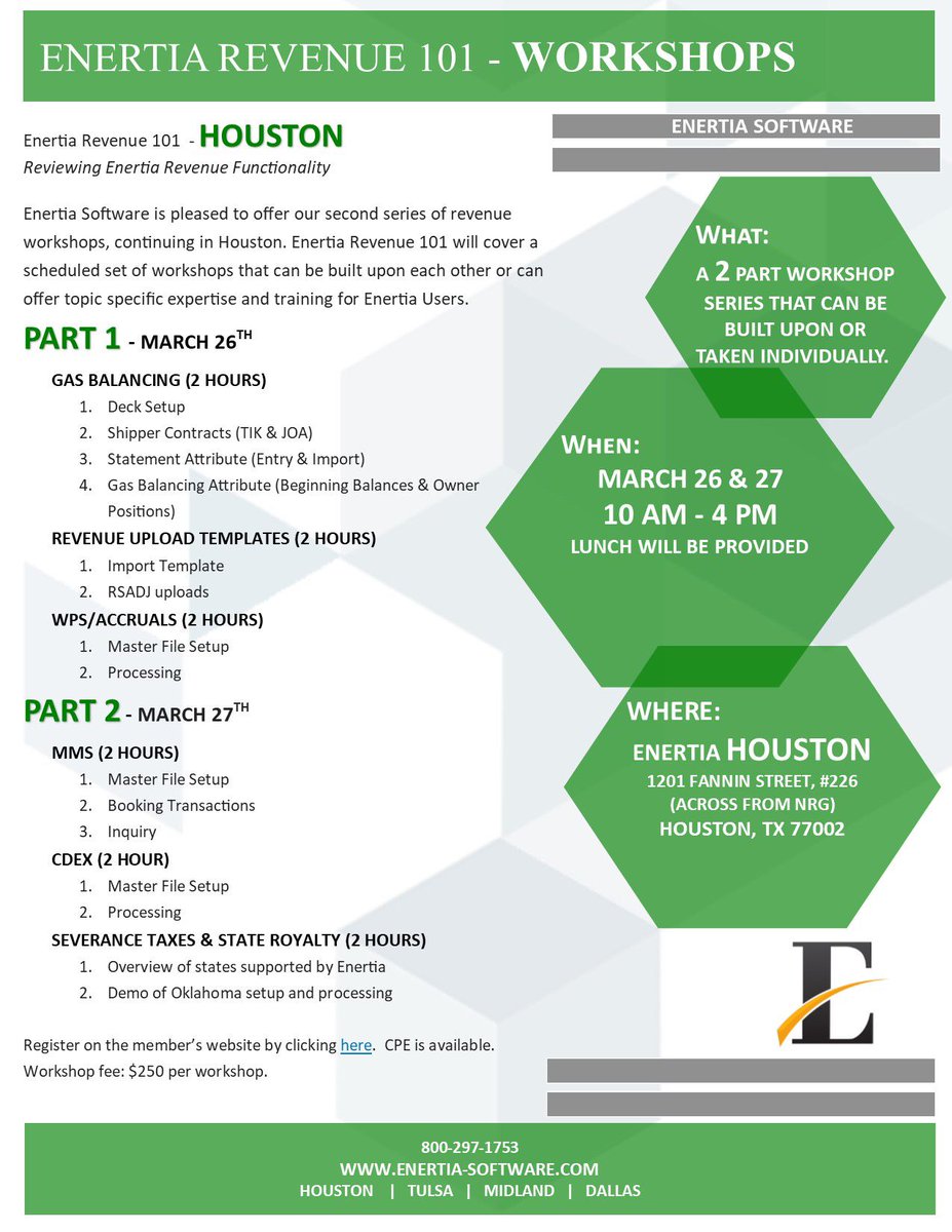 EnertiaSoftware's tweet photo. Our #Houston #Revenue 101 #workshops are set for March 26-27! Sign up for one or both depending on the subject matter and your needs. For more info & to sign up, visit the member’s website here: https://t.co/kaZi7khkdU #GasBalancing #RevenueTemplates #Severancetaxes #CDEX #MMS https://t.co/aewPN2WC5F