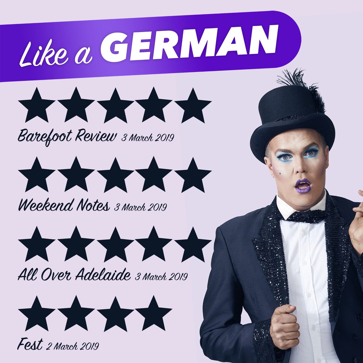 Accordionhans's tweet photo. More fab reviews for LIKE A GERMAN! Tonight, Friday and Saturday already SOLD OUT!! ALSO... Don’t forget that Thursday nights show is being Auslan interpreted!!! Woo!!

Tix- https://t.co/WrPlCIRVhi https://t.co/GfeOKLlVZK
