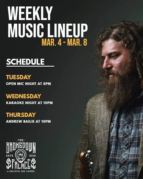 Here's a look at the music schedule this week at Brokedown Palace! Musician Andrew Bailie joins us on Thursday at 10 p.m. Join us all week for great drink specials and more! #livemusic #brokedownpalace