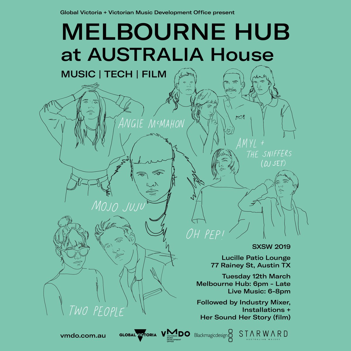 We're throwing a party at SXSW 2019! Melbourne Hub at AUSTRALIA House will feature @MojoJujuMusic @angiemcmahon, @OhPep, @twopeoplemusic and Amyl and The Sniffers (DJ set), as well as a late night film session of Her Sound Her Story. RSVP via vmdo.com.au/sxsw