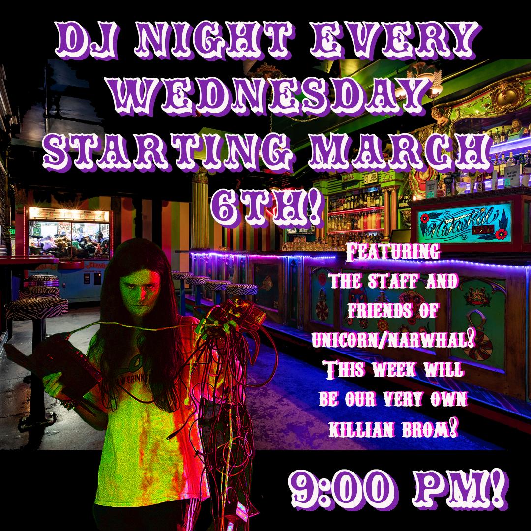 unicornseattle's tweet photo. Hello friends! Our DJ night is officially starting this Wednesday at 9pm! Unicorn's very own Killian Brom will be mixing some top 40, minimal hip hop, rnb, gbc, weird sh*t! @it_just_me_killian_lol #unicorn #narwhal #carnival #pinball #arcade #seattlebars #capitolhillbars https://t.co/4eaw6RGDVa