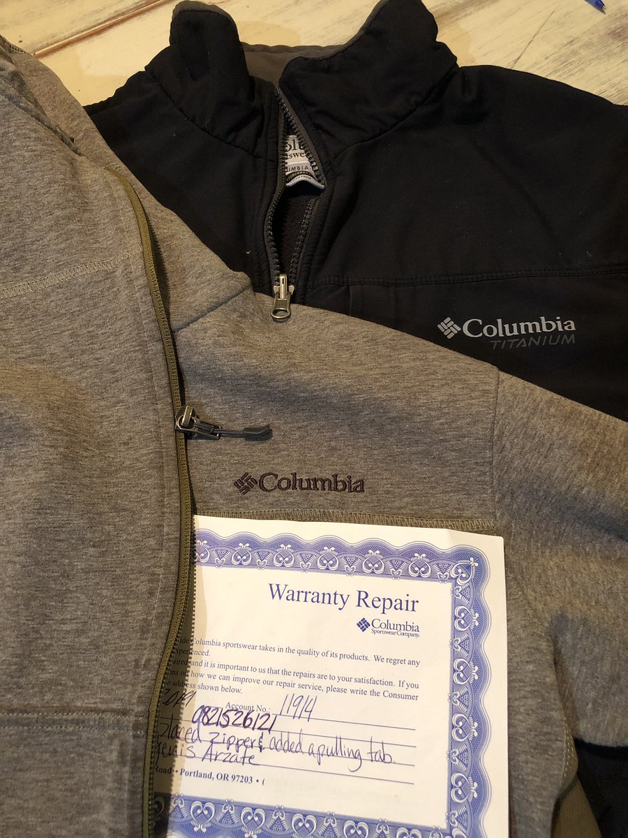 Patrick Hedlund (@patrickahedlund) on Twitter photo Thanks <a href="/Columbia1938/">columbia1938</a> for replacing the broken zippers on my jacket and favorite travel sweatshirt! Both are going on 10 years old, and still ready for adventures. #repair #recycle #outdoors Thanks <a href="/Columbia1938/">columbia1938</a> for replacing the broken zippers on my jacket and favorite travel sweatshirt! Both are going on 10 years old, and still ready for adventures. #repair #recycle #outdoors