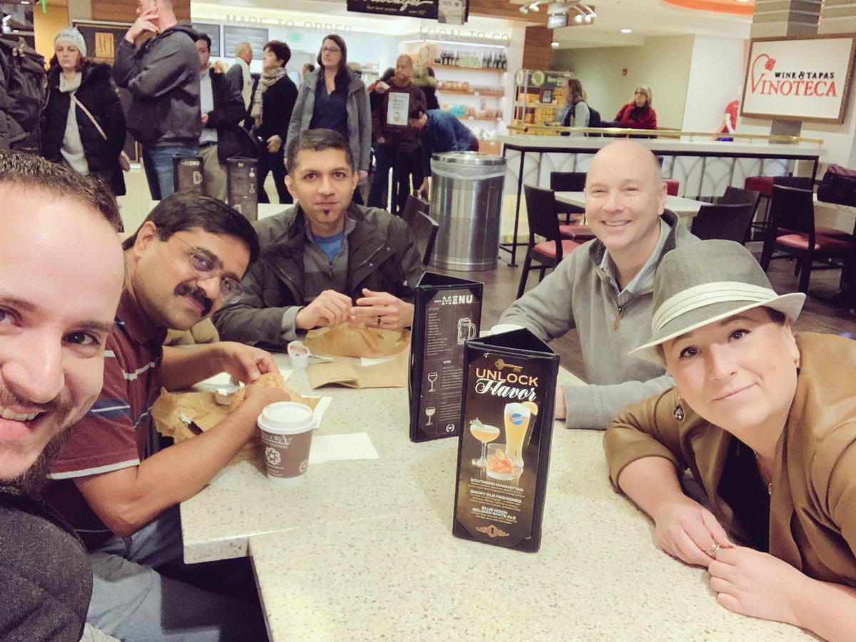 MichaelCarducci's tweet image. #NFJS airport breakfast club. Early flights home following #madison #nfjs2019 @MichaelCarducci @venkat_s @looselytyped @javajonjohn and the freshly minted Mrs. Carducci 

#TooEarlyToFly #thereShouldNotBeTwo7oclocksInADay #ButFirstCoffee