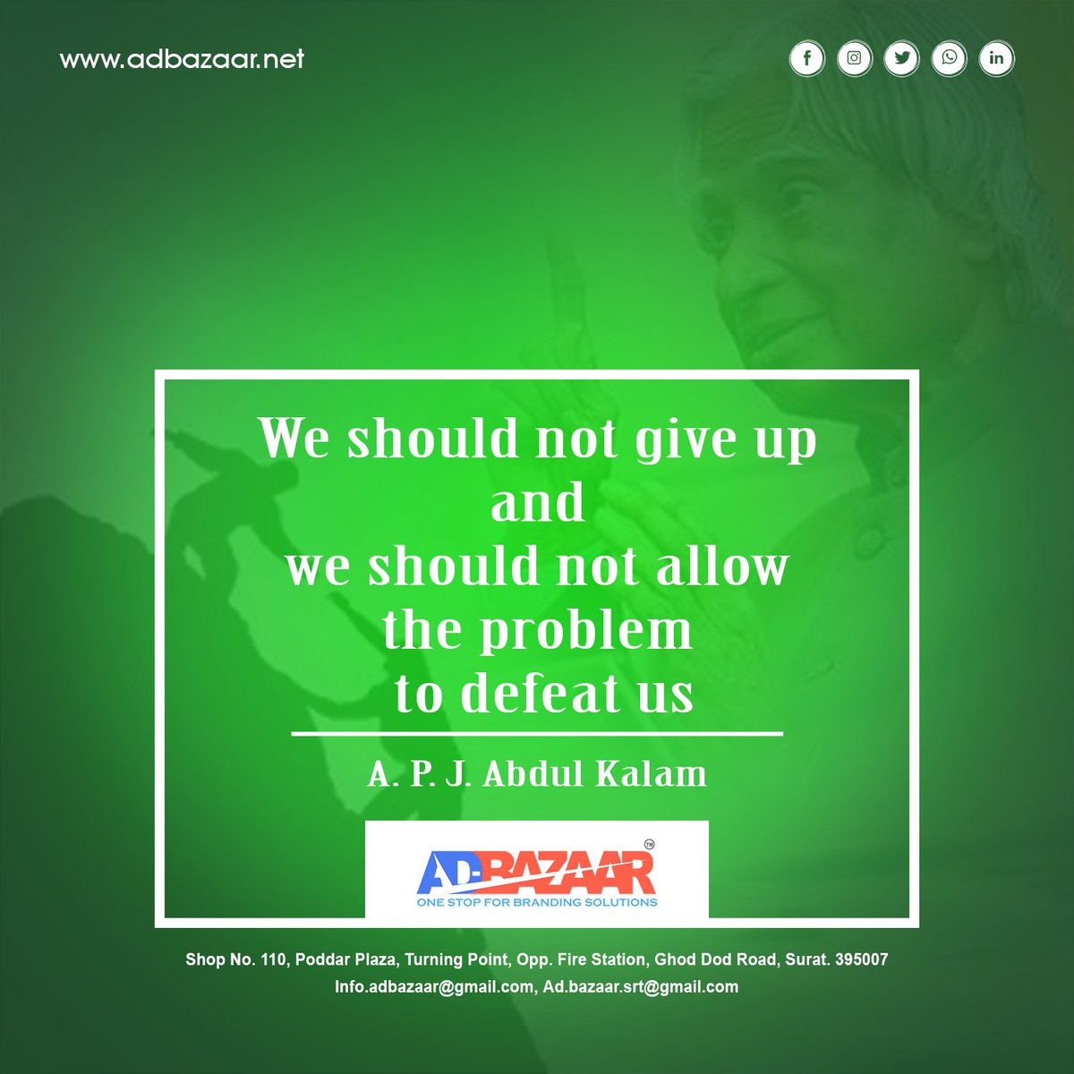 adbazaar_advt's tweet photo. We should not give up and we should not allow the problem to defeat us
#surat #gujarat #advertisment #advertising #branding #marketing #music #business #brandingagency #fashion #graphicdesign #cinema #artwork #design #creative #socialmediamarketing #ellementsmagazine https://t.co/PphwWNozMA
