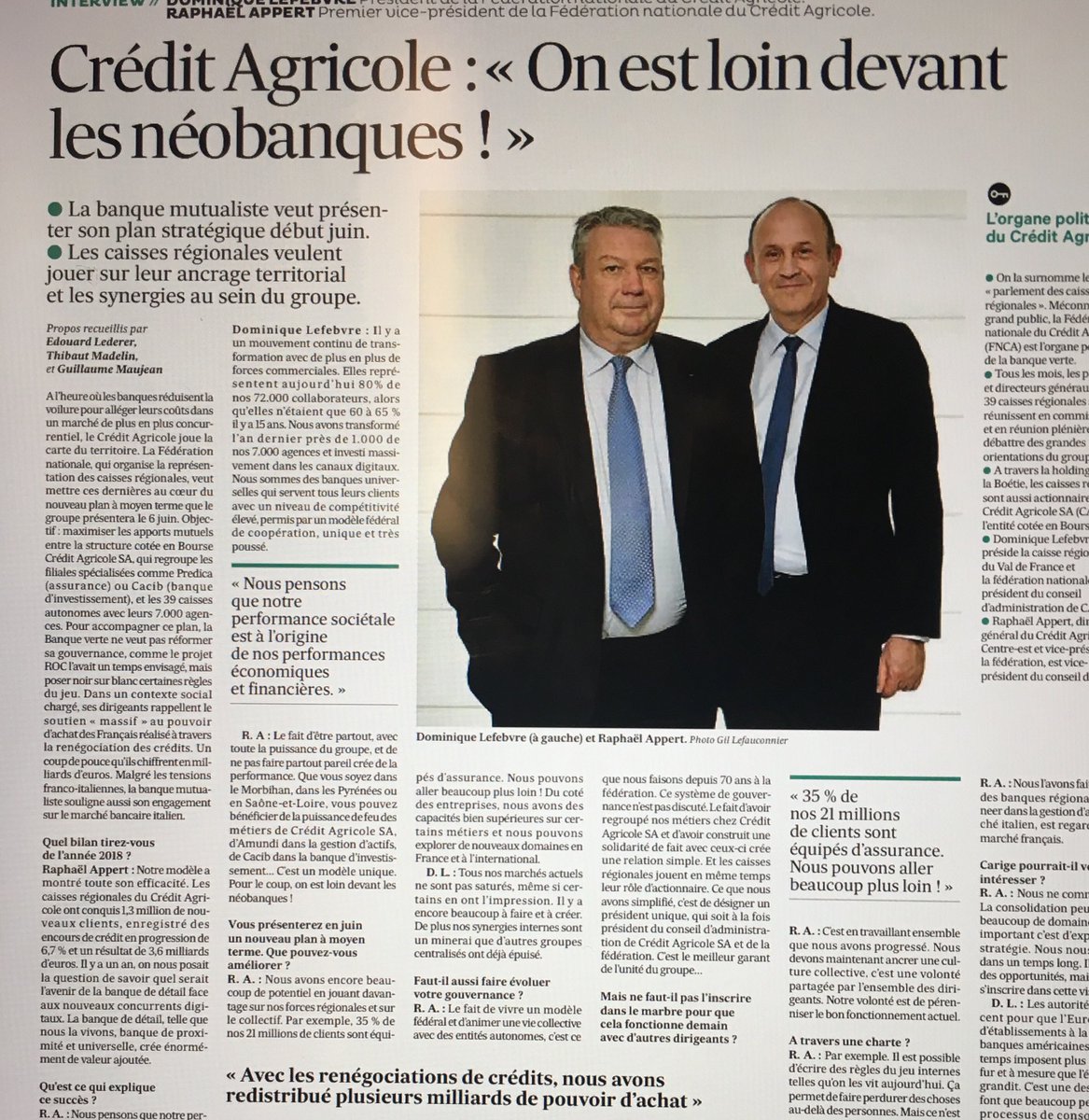 La performance sociétale du ⁦<a href="/Credit_Agricole/">Groupe Crédit Agricole</a>⁩ est à l’origine de ses performances économiques et financières. Interview de Dominique LEFEBVRE et Raphaël APPERT, Pdt et 1er Vice Pdt de la Fédération Nationale du Credit Agricole à lire dans ⁦<a href="/LesEchos/">Les Echos</a>⁩ de ce jour.