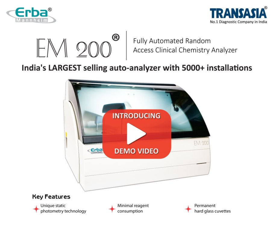 Transasia_1's tweet image. Introducing new demo video of EM 200, a compact, fully automated random access, discrete clinical chemistry analyzer. bit.ly/2IRYYpA
#InvitroDiagnostics #Laboratoryautomation #BiochemistryAnalyzer #MakeInIndia