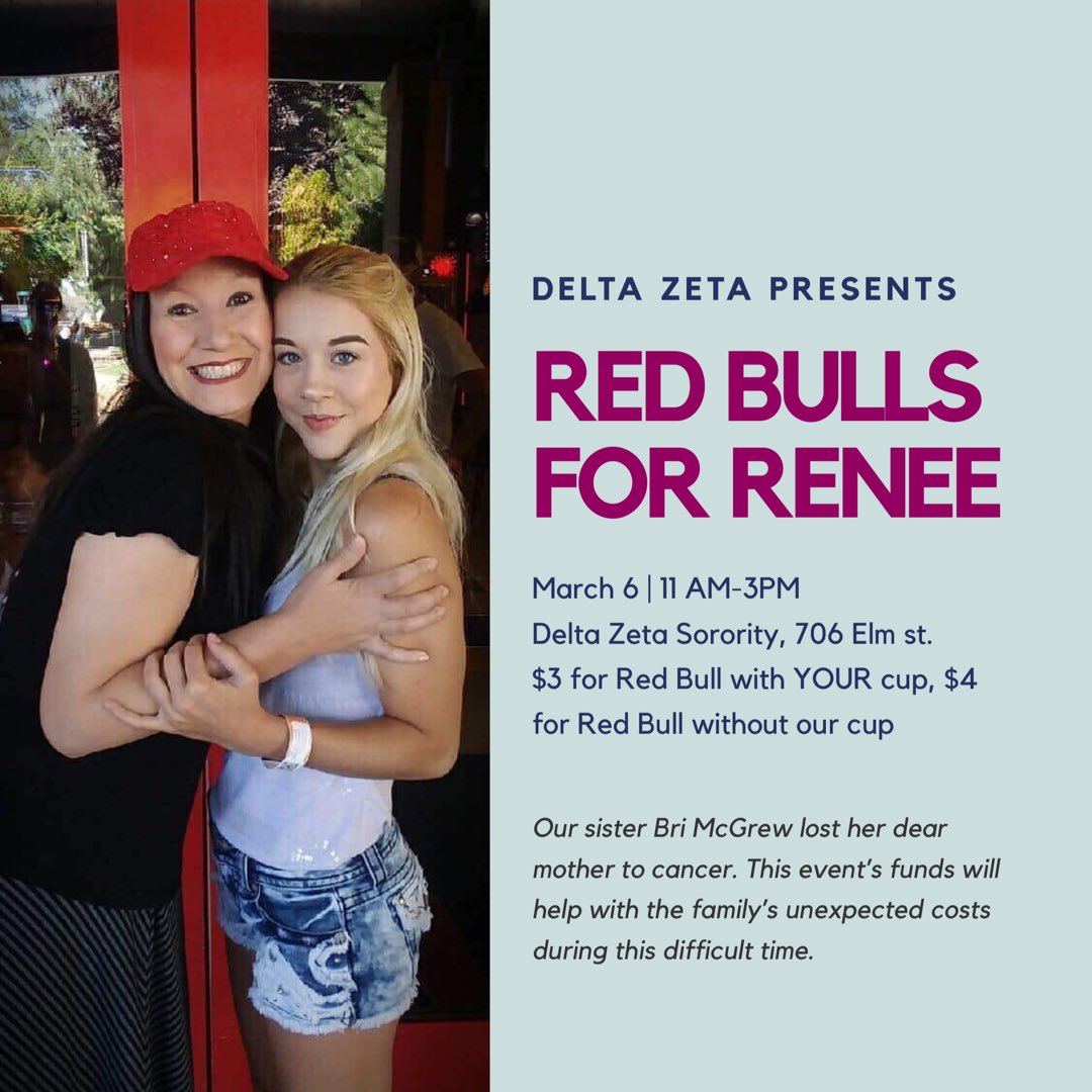 Our sister Bri McGrew just lost her mother to cancer. We will selling <a href="/redbull/">Red Bull</a> this Wednesday from 11AM -3PM at our house. $3 if you bring your own cup or $4 if you forget a cup. The money raised will go towards Bri’s family to help cover costs during this difficult time.