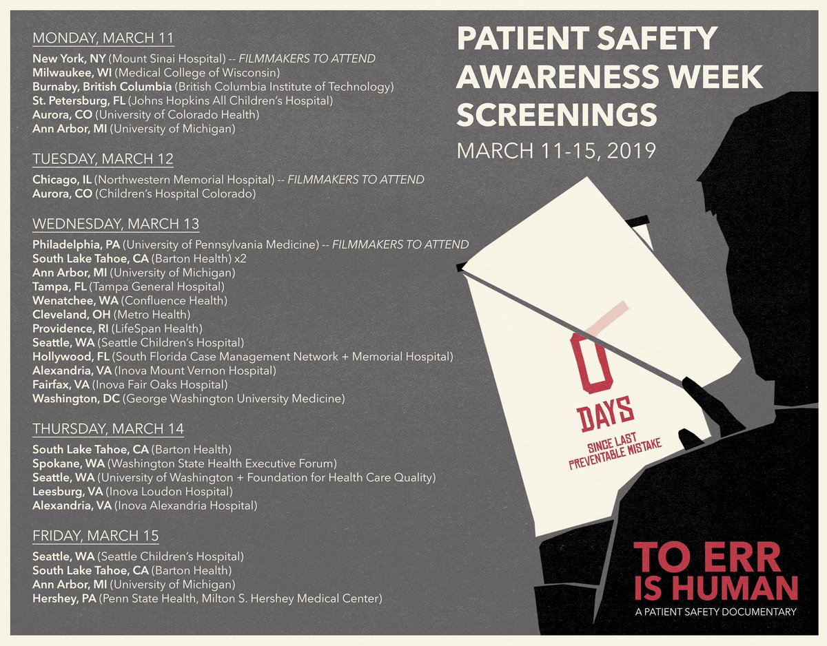 ToErrIsHumanDoc's tweet image. We just booked our 30th screening for Patient Safety Awareness Week! THIRTY!

#PSAW #PSAW19 #ptsafety #toerrishuman