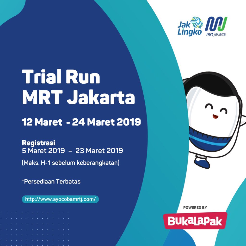 mrtjakarta's tweet photo. Yuk daftarkan diri kamu untuk ikut uji coba MRT Jakarta dari tanggal 12-24 Maret 2019 (08.00 - 16.00 WIB) link pendaftaran (https://t.co/Swy74osQkf). Pendaftaran akan dibuka dari hari ini pukul 10.00 WIB. (1/3) https://t.co/fiBXxGCXFd