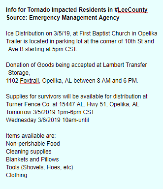 CEDRdigital's tweet photo. Update for #LeeCounty Residents impacted by the #Alabama Tornadoes.  Please share. Thank you!

#Beauregard #LeeCounty #SalemAL #SmithStation https://t.co/rm6N0CsVtk