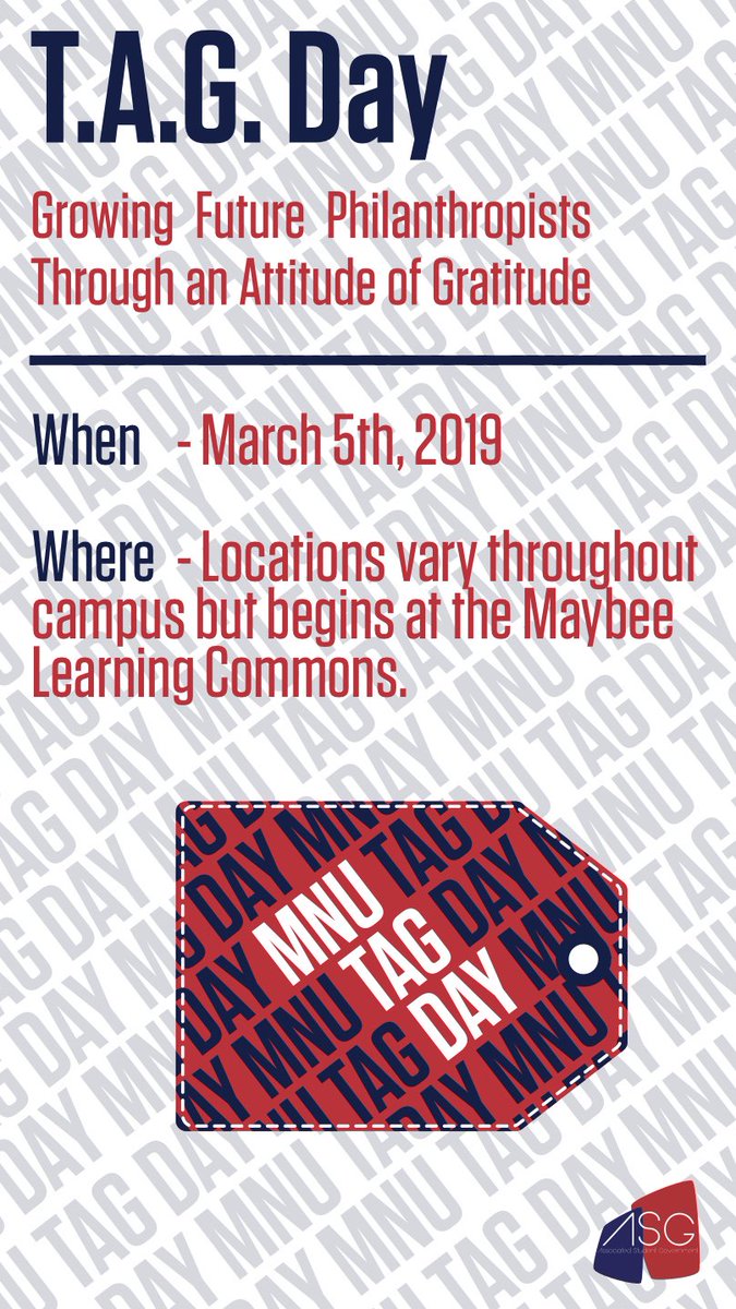 MNUASG's tweet photo. Hey MNU! Tomorrow is MNU's very first TAG (Thank A Giver) Day! There will be events going on in Mabee Learning Commons, tags spread out around campus, and an opportunity to win a free t-shirt! Come out and see us tomorrow from 11 am-3 pm! https://t.co/tZSe4DL6ec