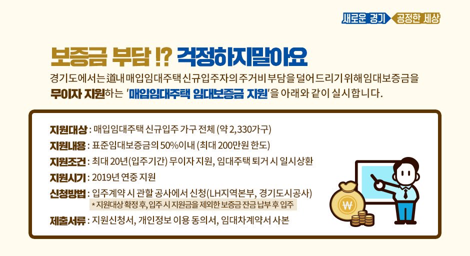 #주거고민!
경기도가 #매입임대주택 으로
싸-악 해결해드려요!

경기도가 #저소득층 #주거안정 을 위해
올해 매입임대주택 공급 물량과
#보증금 지원 대상을 확대합니다!