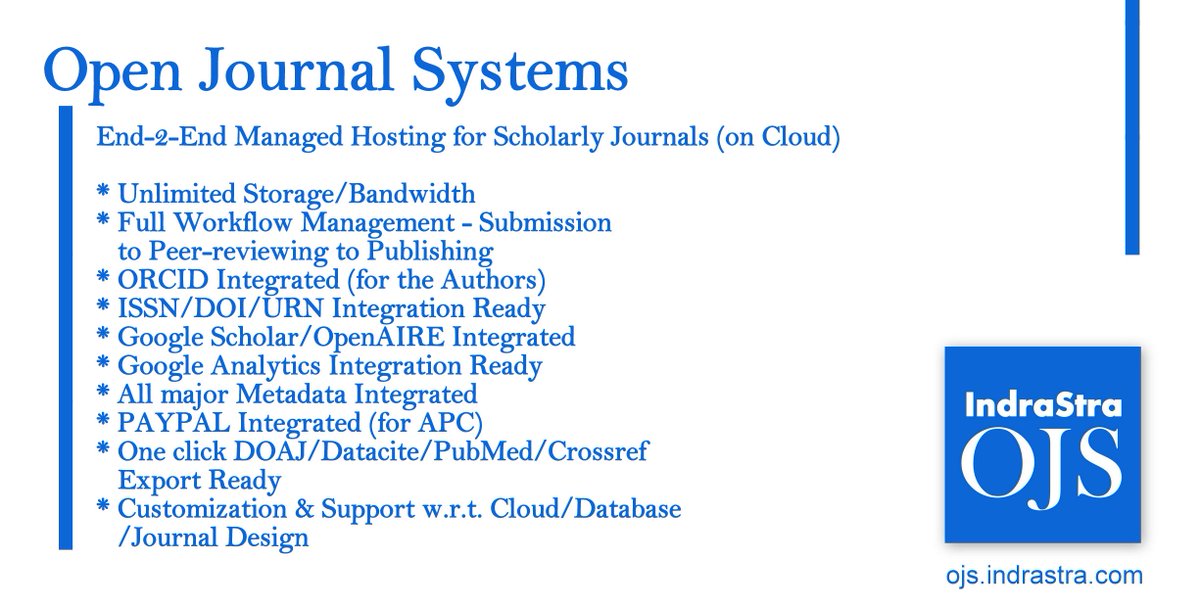 indrastra's tweet image. Start your own #academic #journal without any technical headache (that too in a matter of hours, not days*) | Launching @indrastra&apos;s #OpenJournalSystems #OJS - An End-2-End Managed Hosting for #Scholarly #Journals (on #Cloud) | For more details - ojs.indrastra.com