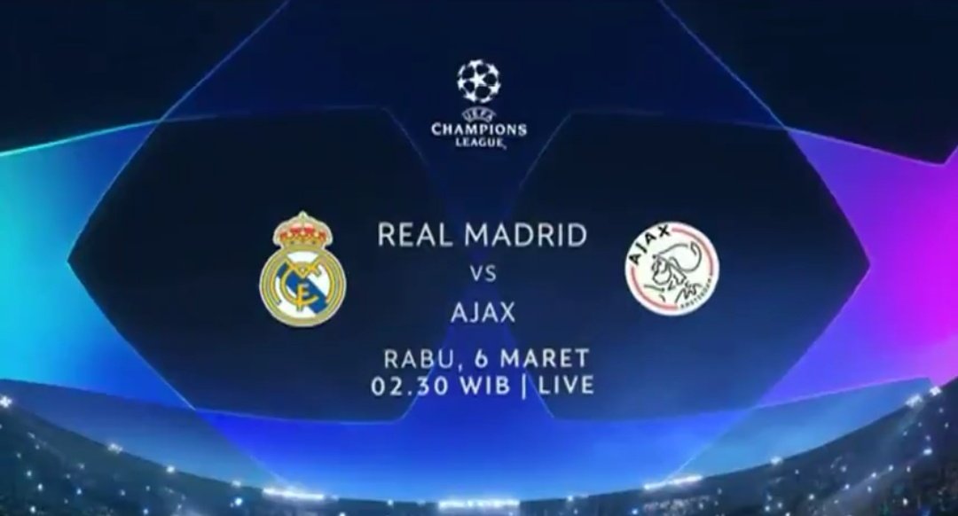 #TODAYMATCH #UCL Leg2

Rabu 6 Maret 2019 KO 03.00

DORTMUND vs TOTTENHAM (0-3)
#Streaming 

REAL MADRID vs AJAX* (2-1)
[RCTI LIVE]