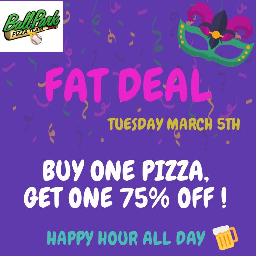 BallParkMV's tweet photo. 🚨FAT DEAL 🚨 Tomorrow only Buy One Pizza, Get One 75% OFF!!  🍕🍕
PLUS HAPPY HOUR ALL DAY 🎉🍻

See you tomorrow 😁 https://t.co/6UmQCEGJip