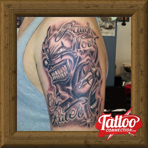 TattConnection's tweet image. #ComedyAndTragedy a #tattoo for the arts. 
#LaughNowCryLater
