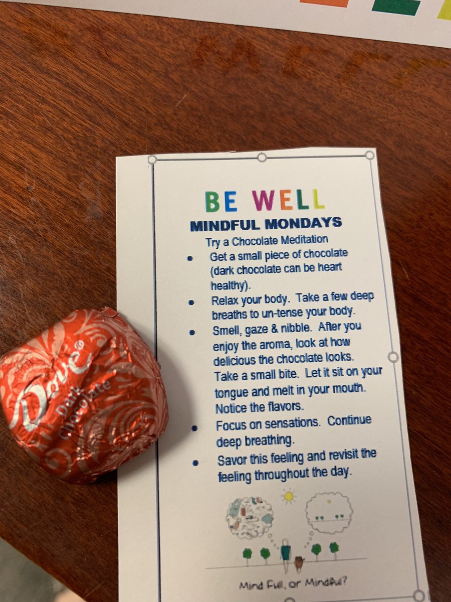 Counselor_View's tweet photo. Our first Mindful Monday featured a chocolate 🍫 meditation.  Special thanks to @CreekViewES PTA for supporting our efforts to help our staff #BeWell this March.  #CVESTogetherWeAreOne https://t.co/UfDIf5i1CH
