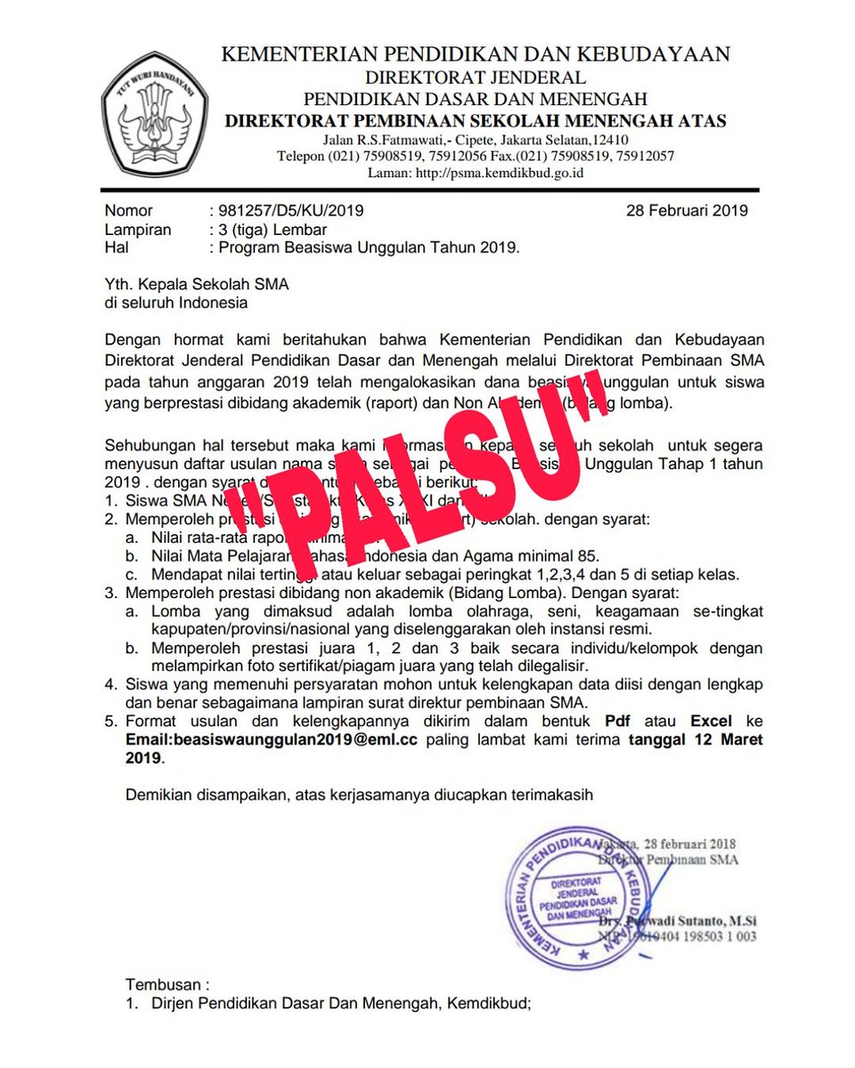 direktoratsma's tweet photo. #sahabatSMA, harap berhati-hati dengan beredarnya surat terkait program beasiswa unggulan krn #DitPSMA tidak mengeluarkan surat edaran tsb. 
Semoga menjadi perhatian kita semua &amp; terhindar dari aksi pihak yang tidak bertanggung jawab.
#DitPSMA 
#MajuBersamaHebatSemua https://t.co/P1SRRhEa97
