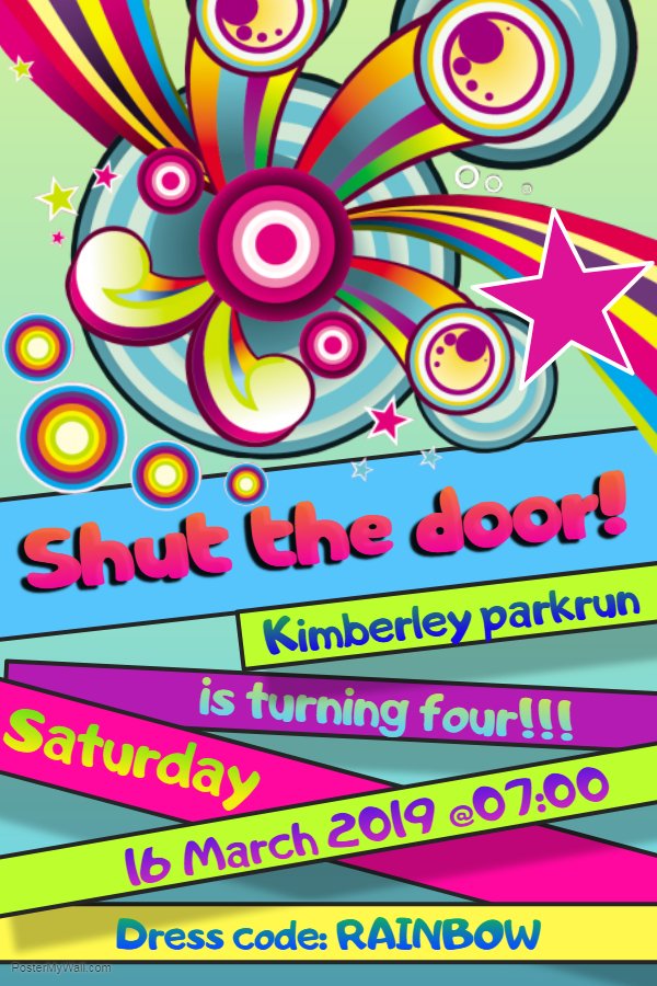Kimberparkrun's tweet photo. Join us for our 4th birthday celebrations on the 16th of March. 
Dress code: Rainbow🌈🌈🌈🌈 https://t.co/miXNTld1mU