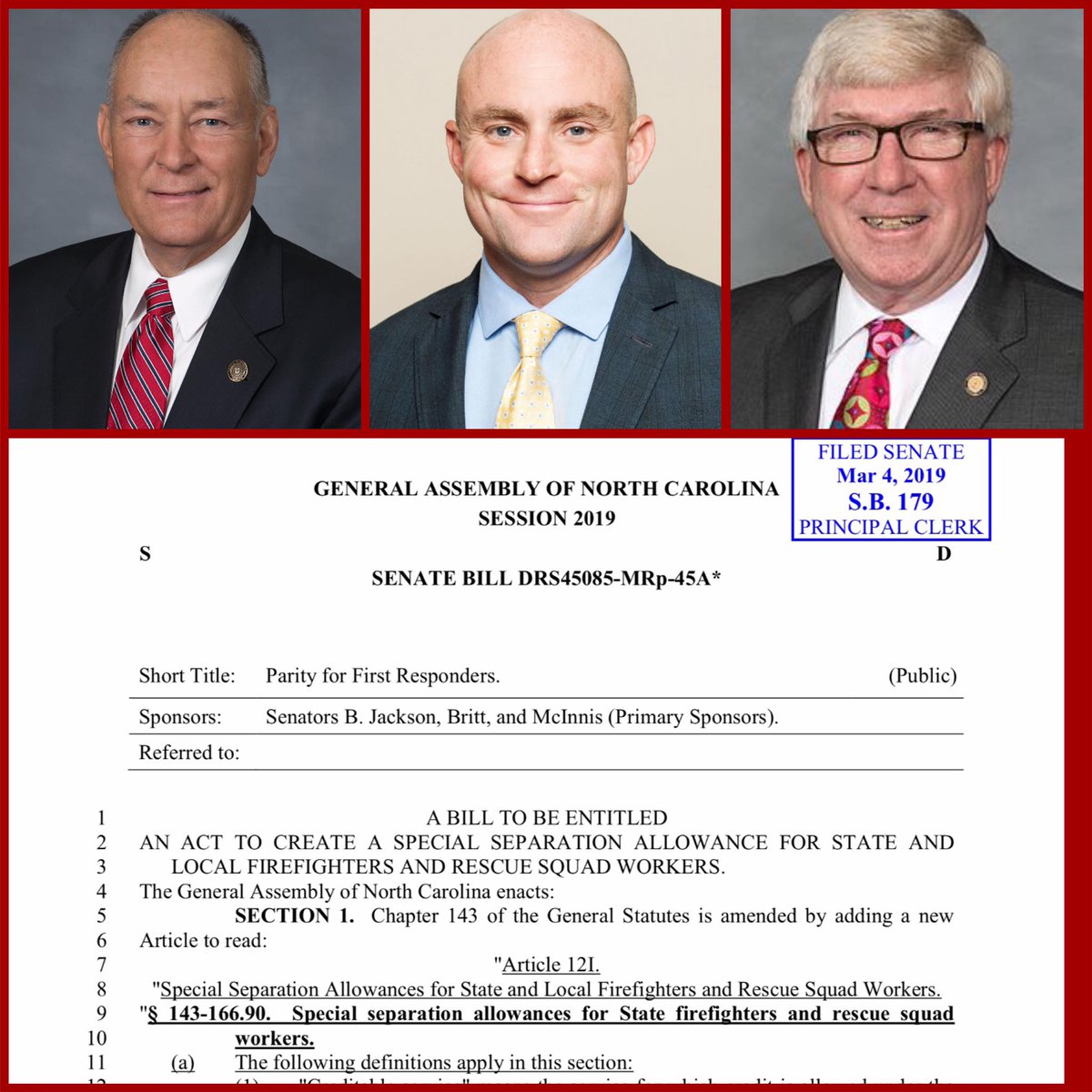 WSPFFA's tweet photo. BREAKING NEWS: Senate files separation allowance bill tonight for firefighters entitled PARITY FOR FIRST RESPONDERS. Thank you to #NCGA @MyNCSenate @SenBrentJackson @SenDannyBritt &amp; Sen Tom McInnis https://t.co/WMLtwO62jk https://t.co/kkbSfCOluk
