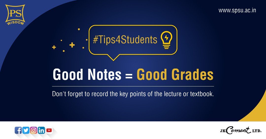 Spsu_Udaipur's tweet photo. Good Notes = Good Grades
Don't forget to record the key points of the lecture or textbook.
#Tips4Students #SPSU #Udaipur #India https://t.co/EfuQAO2Hua