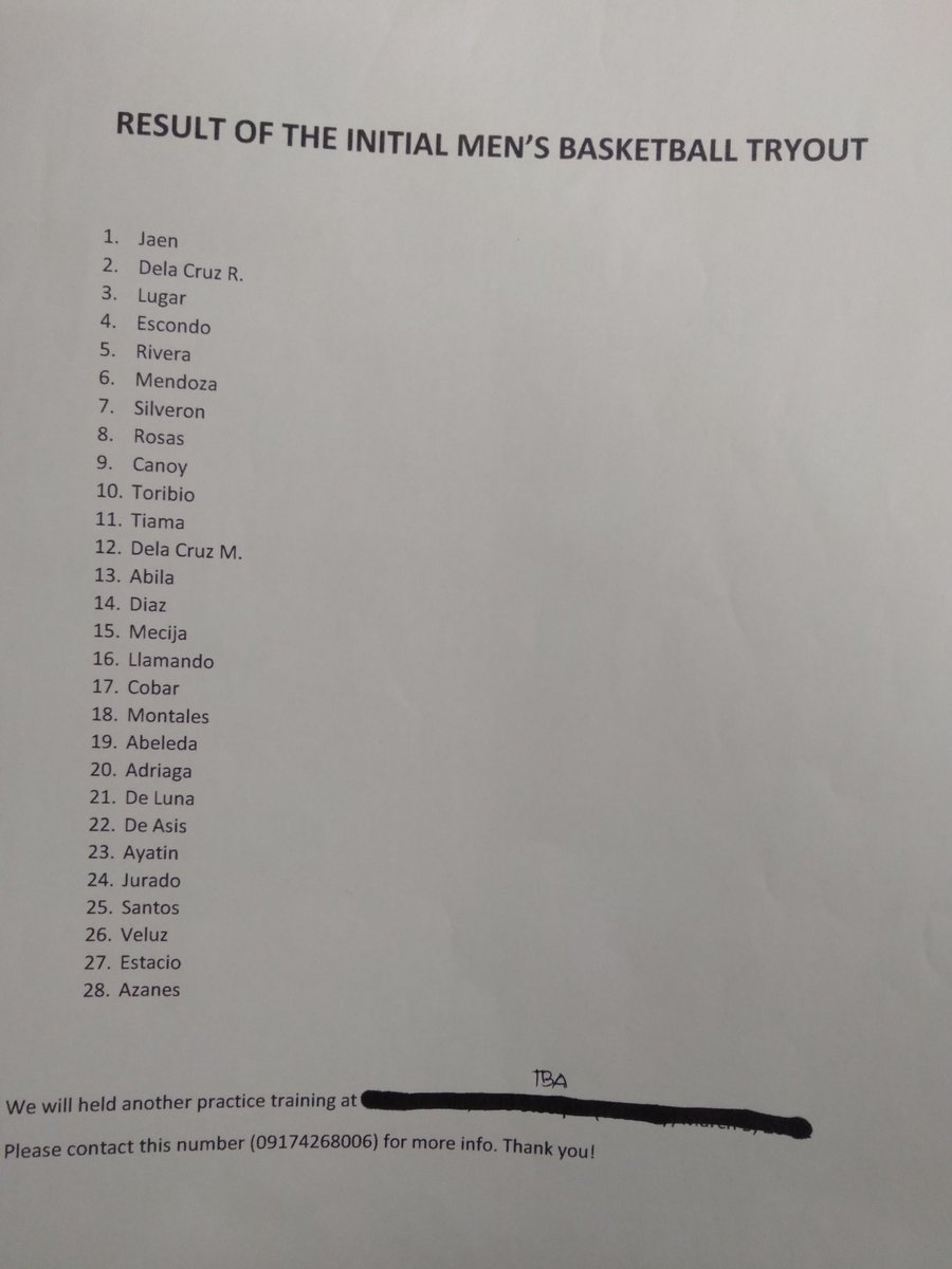 SLSUCEnSC's tweet photo. [RESULTS OF THE INITIAL ENGINEERING MEN'S BASKETBALL TRYOUTS ]

The results are out! Congratulations to the following students.

The next phase of the tryouts will be held tonight at the SLSU Gymnasium. Stay tuned for more announcements!

For inquiries, please contact 09174268006 https://t.co/djTQGc9JVN