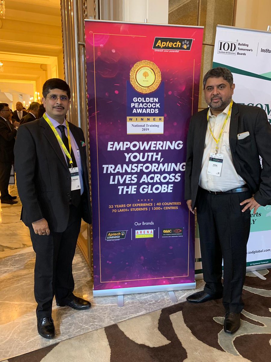 aptechltd's tweet photo. #Aptech proudly adds another feather on the hat: the Golden Peacock National Training Award, 2019! The award established by the Institute of Directors identifies excellence in training practices at organisations as a whole.
#GoldenPeacockAwards #InstituteOfDirectors https://t.co/HFO56QQaEI