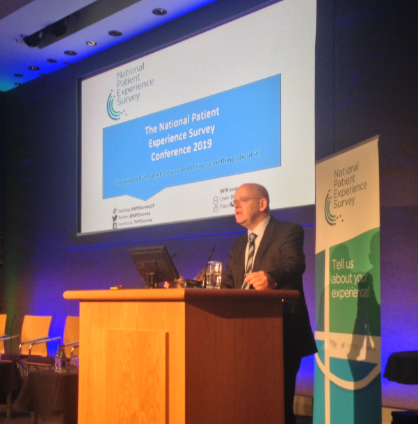 careexperience's tweet photo. .@hiqa CEO, Phelim Quinn, is welcoming delegates to the conference and discussing ‘Knowing what matters to you and doing something about it’. #NPESurvey19 https://t.co/8uyaLE8ePk